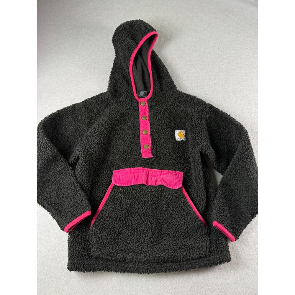 Carhartt Girls Sherpa Fleece Hoodie Gray Pink Heart Buttons TK9838-G Size S 8